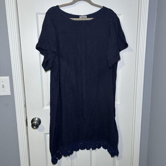 Bellambra Dress Womens 1X Blue Linen Crochet Hem Made In Italy Tunic Knee Length - Picture 1 of 9